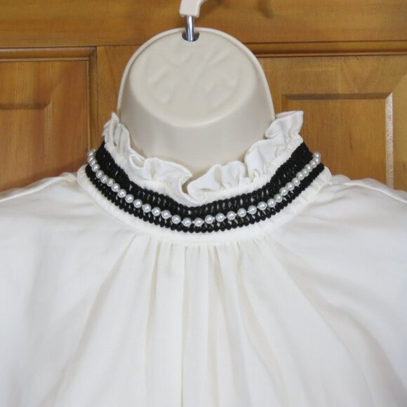 NWT Nanette Lepore "Cannoli" Ivory Top Sleeveless High Collar Beading Ruffle XL - Picture 2 of 10